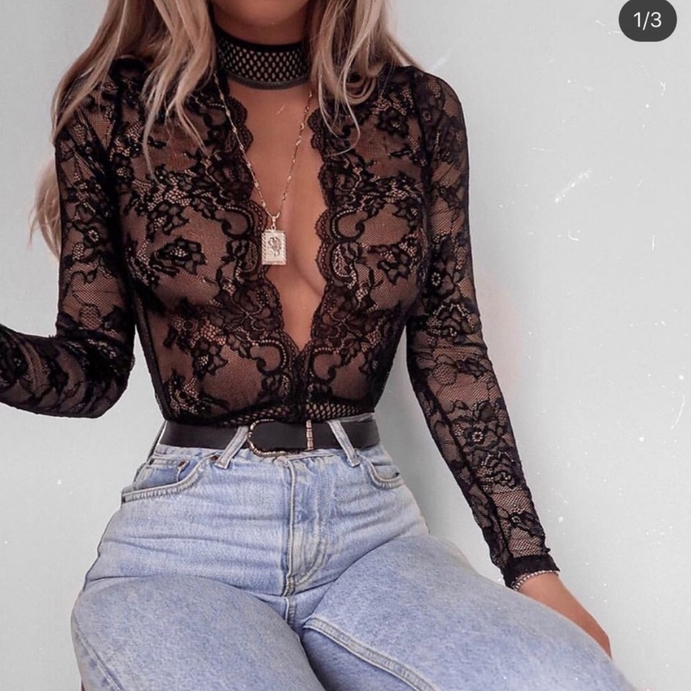 Black lace bodysuit plunge choker 4 ASOS S sheer